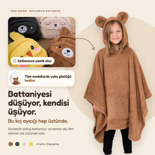 Giyilebilir battaniye, Kahve Ayıcık; katlanınca yastık olur, uyku gözlüğü hediye