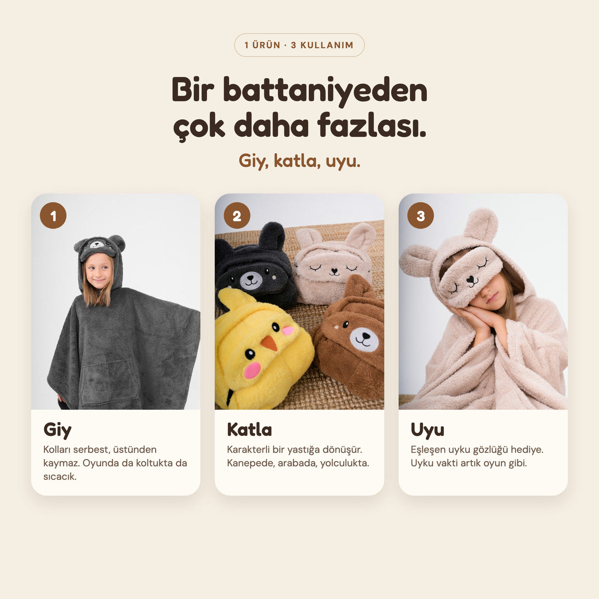 Giy, katla, uyu: battaniye katlanınca karakter yüzlü yastığa dönüşür