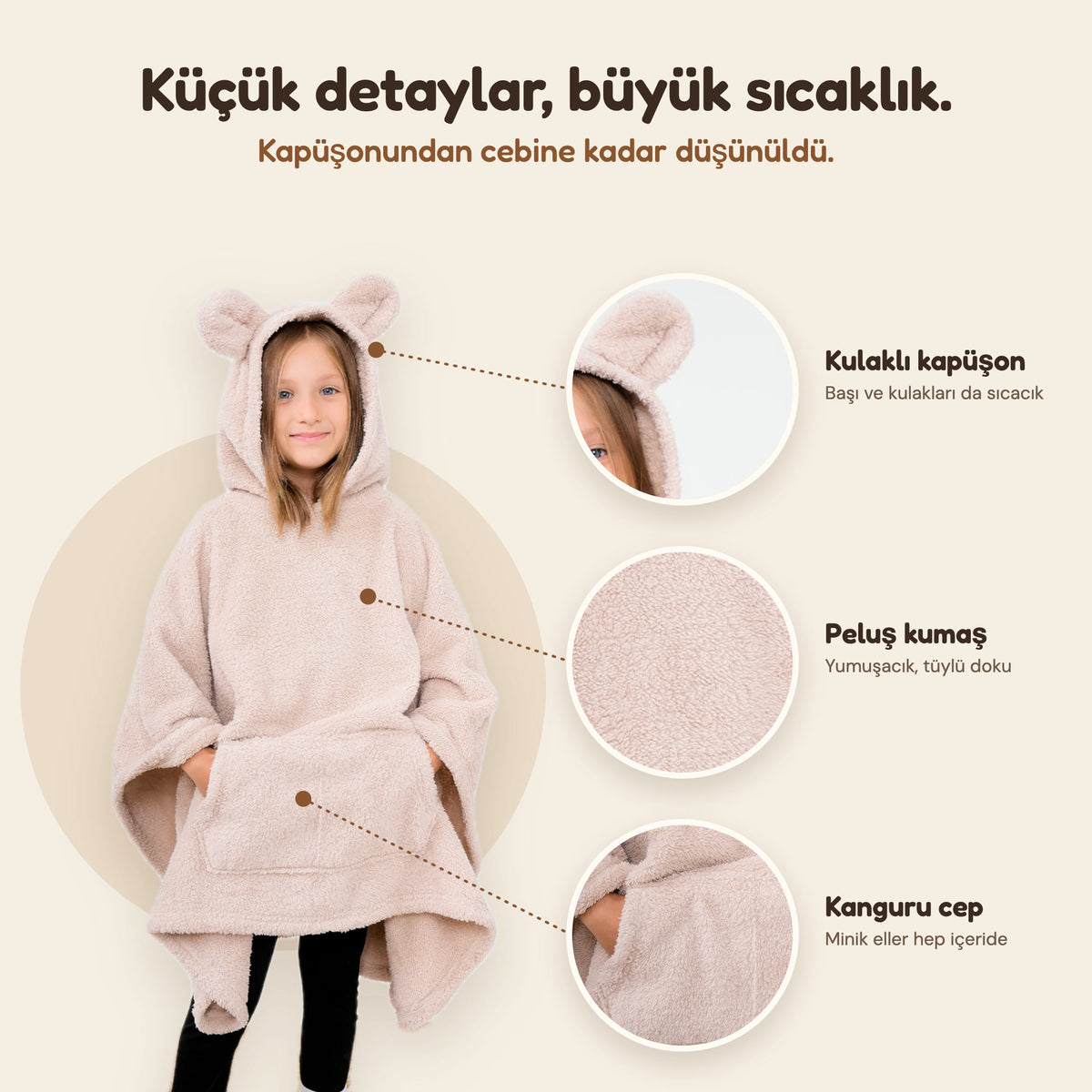 Kulaklı kapüşon, peluş kumaş ve kanguru cep detayları